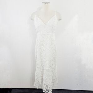 Park & Fifth White Crochet Lace Midi Dress Floral V-neck Flared Size Large